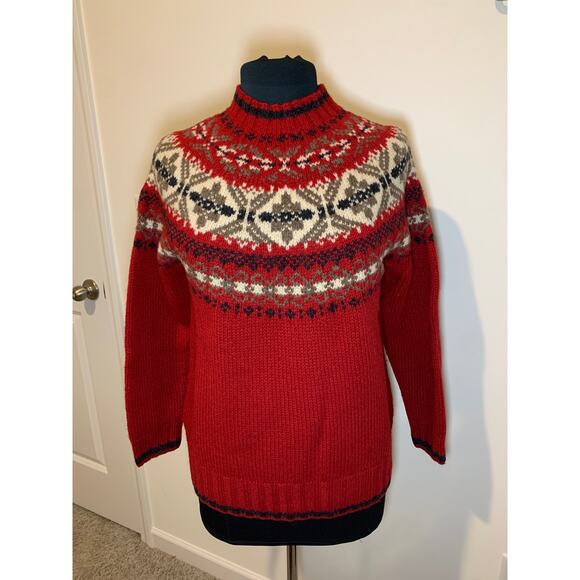 Eddie Bauer LEGEND red Fair Isle women's sweater in 100% wool Size Small heavy - Picture 1 of 10